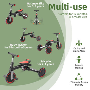 ROCKBROS 3-in-1 Kids Tricycle with Adjustable Seat and Removable Pedals